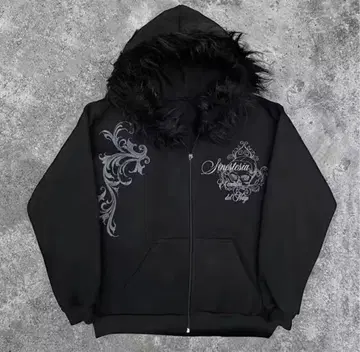 다크 인조 모피 옷깃 하라주쿠 펑크 Y2K 집업 후드티