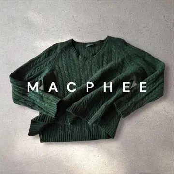 MACPHEE 그린 녹색 케이블 짜임 스웨터 니트 V넥 울