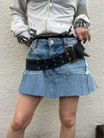 데님 미니 스커트 패치워크 프릴 포함