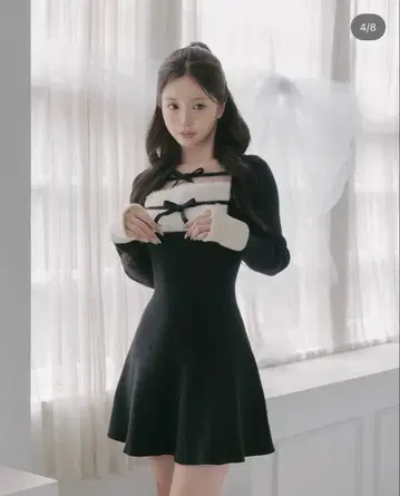 [즉시 구매 가능] Darich 리본 퍼 플레어 니트 미니 원피스