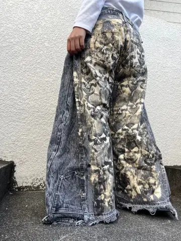 카모플라쥬 패턴 와이드 레그 데님 팬츠