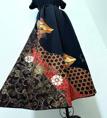 [1점] 새상품급 기모노 리메이크 롱 스커트 흑색 전통 예복 기모노 새