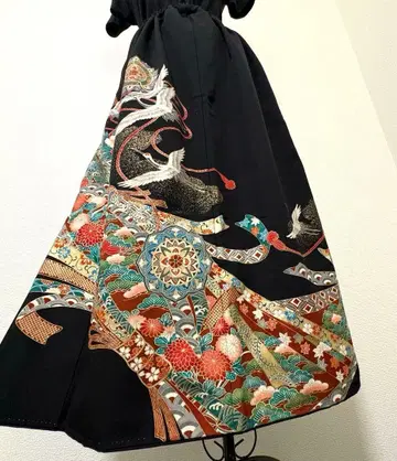 [ 1점 ] 새상품급 기모노 리메이크 롱 스커트 블랙 기모노 폴리에스테르