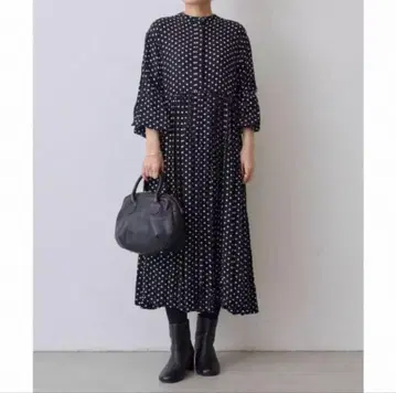 도트 개더 볼륨 소매 원피스