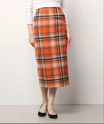 오렌지 체크 타이트 스커트