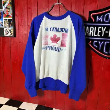 90s Vintage CANADA 래글런 맨투맨 페이드 블루 화이트