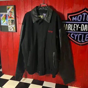 90s 캐나다제 | 천연 가죽 x 울 | 올 블랙 바시티 자켓