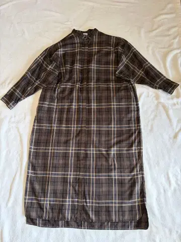 브라운 체크 무늬 롱 원피스 긴팔