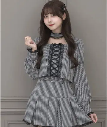 pium 레이스업 초커 상의 미니스커트 깅엄 셋업