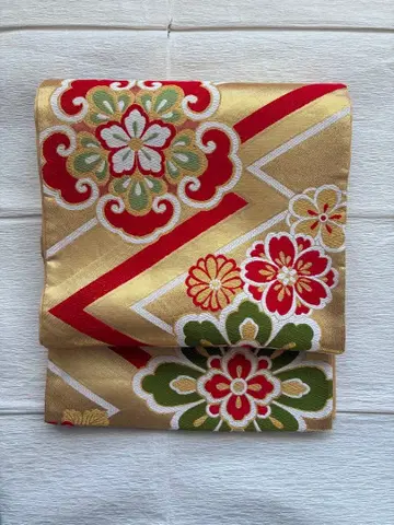 순수 실크 새상품급 육통 무늬 후쿠로 오비 금실 마름모 틀 꽃 문양