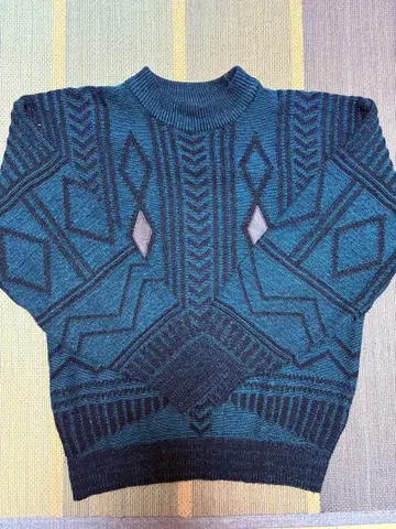 90s 기하학 패턴 다크 그린 가죽 패치워크 스웨터 L