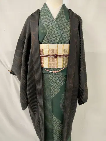 새상품급 순수 실크 이중 기모노 톨 사이즈 긴 겉옷