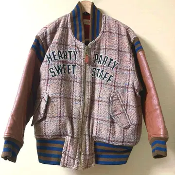 LIGHT MENU 라이트 메뉴 체크 무늬 가죽 바시티 자켓 90'S