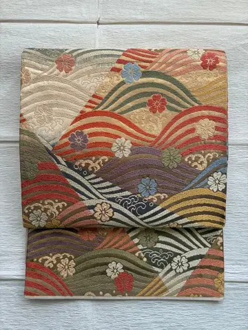 순수 실크 육통 무늬 후쿠로 오비 당초 견직 벚꽃 파랑 바다 물결 무늬