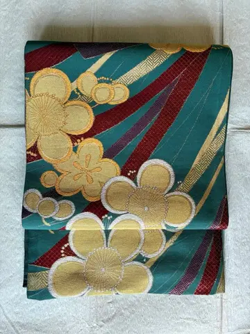 순수 실크 육통 무늬 후쿠로 오비 매화 문양 금은사