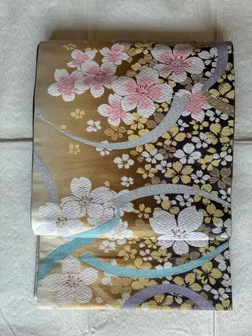 순수 실크 육통 무늬 후쿠로 오비 새상품급 벚꽃 문양