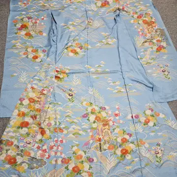 고전 문양 스카이블루 후리소데 사정상 미봉제 상품