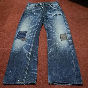 이터널 882w32 크러쉬 가공 데님 가죽 패치 히든 리벳 체인 스티치