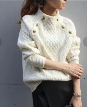 [ 새상품급 ] 프레임워크 니트 해밀턴 아란 울 골드 버튼 아이보리