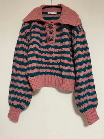 [ ZARA ] 스트라이프 버튼 니트 스웨터 L 사이즈 핑크