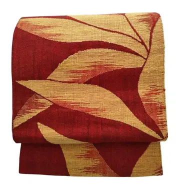 [ 미사용 ]  나고야 오비 빨간색 바탕 x 잎 무늬 모던 캐주얼