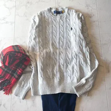 폴로 랄프로렌 코튼 케이블 니트 라이트 그레이 포니 자수 XS
