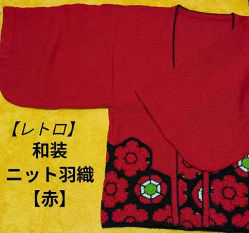 빨간색 일본 의류 니트 겉옷 꽃 모티브 [ 모 90% ]