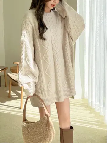 GRL 베이지 케이블 짜임 오버 사이즈 니트