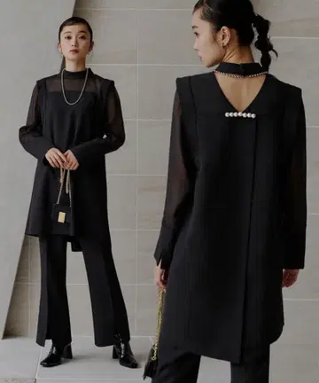 택 포함 전시품 백 펄 디자인 상의 x 플레어 슬릿 팬츠 셋업