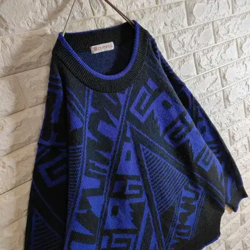 디자인 니트 스웨터 올 패턴 기하학 패턴 블루 L