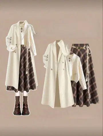 여성용 가을/겨울 롱 코트 니트 체크 스커트 벨트 4종 세트