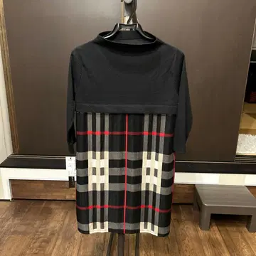 7부 소매 블랙 리브 니트 체크 무늬 상의