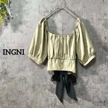 잉그 7부 소매 블라우스 숏 기장 퍼프 슬리브 백리본이 달린 페미닌