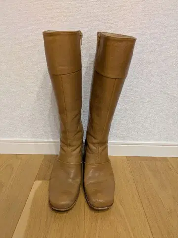 히미코 브라운 가죽 지퍼 롱 부츠