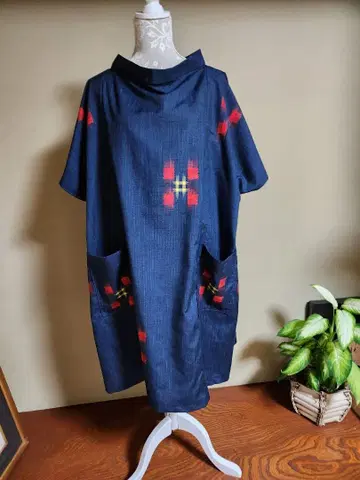 기모노 리메이크 순수 실크  자크리 루즈핏 칠부 소매 튜닉 포켓 부착