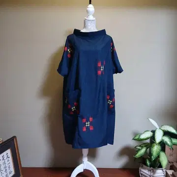 기모노 리메이크 순수 실크  자크리 루즈핏 칠부 소매 튜닉 포켓 부착