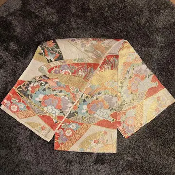 [후쿠로 오비] 고급 육통 후쿠로 오비 성인식 부채 문양