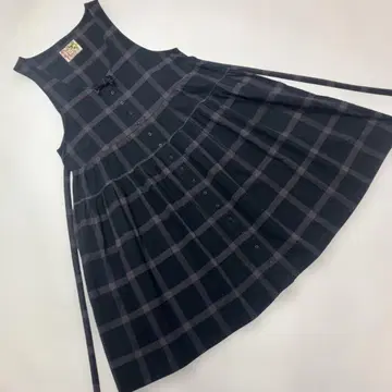 핑크하우스 블랙 계열 체크 플란넬 오버롤 스커트