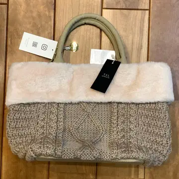 TSL 베이지 니트 퍼 핸드백