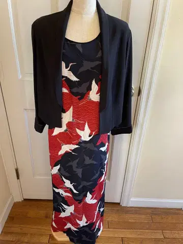 하와이 구매 빈티지 학 패턴 반팔 롱 원피스 자켓 포함