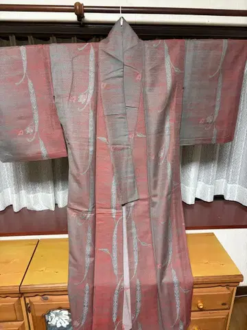 코몬 기모노 그레이 핑크 꽃무늬
