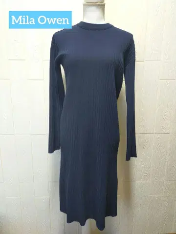 입기 편하고 멋스러운 미라 오웬 네이비 리브 니트 긴팔 원피스