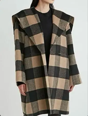 미라 오웬 빅 칼라 접결 샤기 코트 체크 무늬