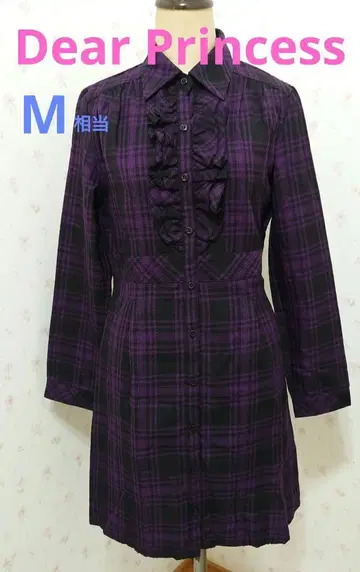 새상품급 보라색 체크 무늬 셔츠 원피스 프릴 긴팔 셔츠 M 상당 지뢰계