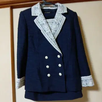 KIMIJIMA 네이비 레이스 옷깃 더블 브레스트 자켓