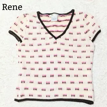 새상품급 Rene 모헤어 혼방 니트 반팔 스웨터 올 패턴 V넥 M 핑크