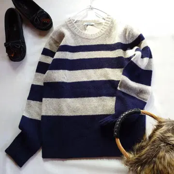 새상품 탑카피 TOPKAPI 울 니트 보더 M 네이비 x 그레이