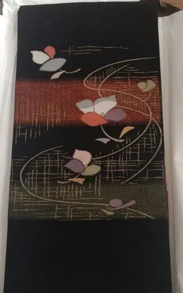 나고야 오비 꽃무늬 블랙, 빨간색, 그린