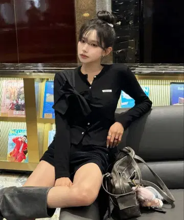 CRANK 리본 가디건 블랙