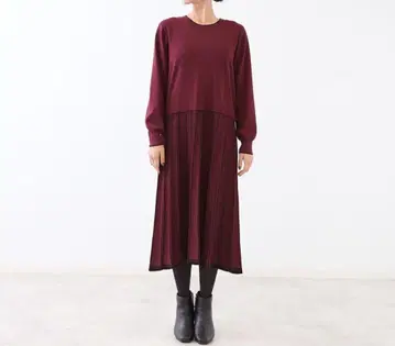 버건디 니트 원피스 긴팔 플리츠